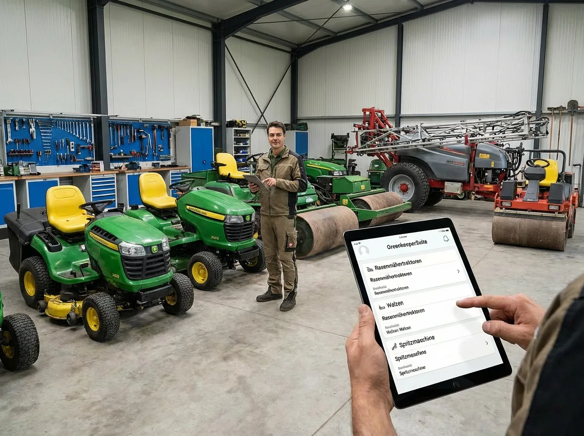 Greenkeeper erfasst Inventar in der Fahrzeughalle