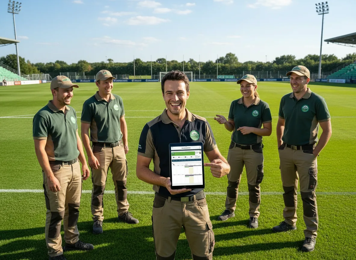 Greenkeeping-Team mit App auf dem Fußballplatz